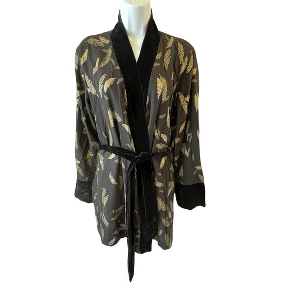 Johnny Was Velvet Metallic Feathers Kimono Cardigan Women M Floral Boho W Belt - Picture 2 of 10